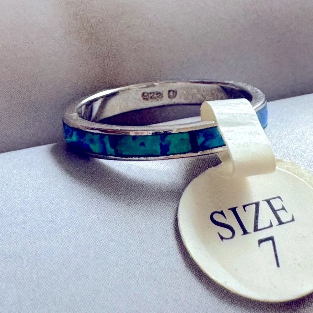 925 Sterling Silver Blue -Opal Inlay Band Ring -  Jewelry Size: 7”